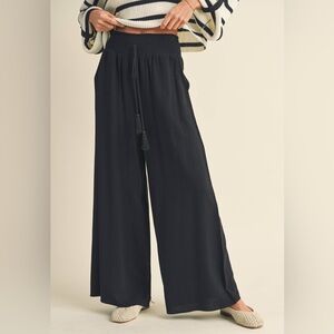 Miou Muse Black Smocked Waist Wide Leg Linen Blend Pants with Tassel Size Small